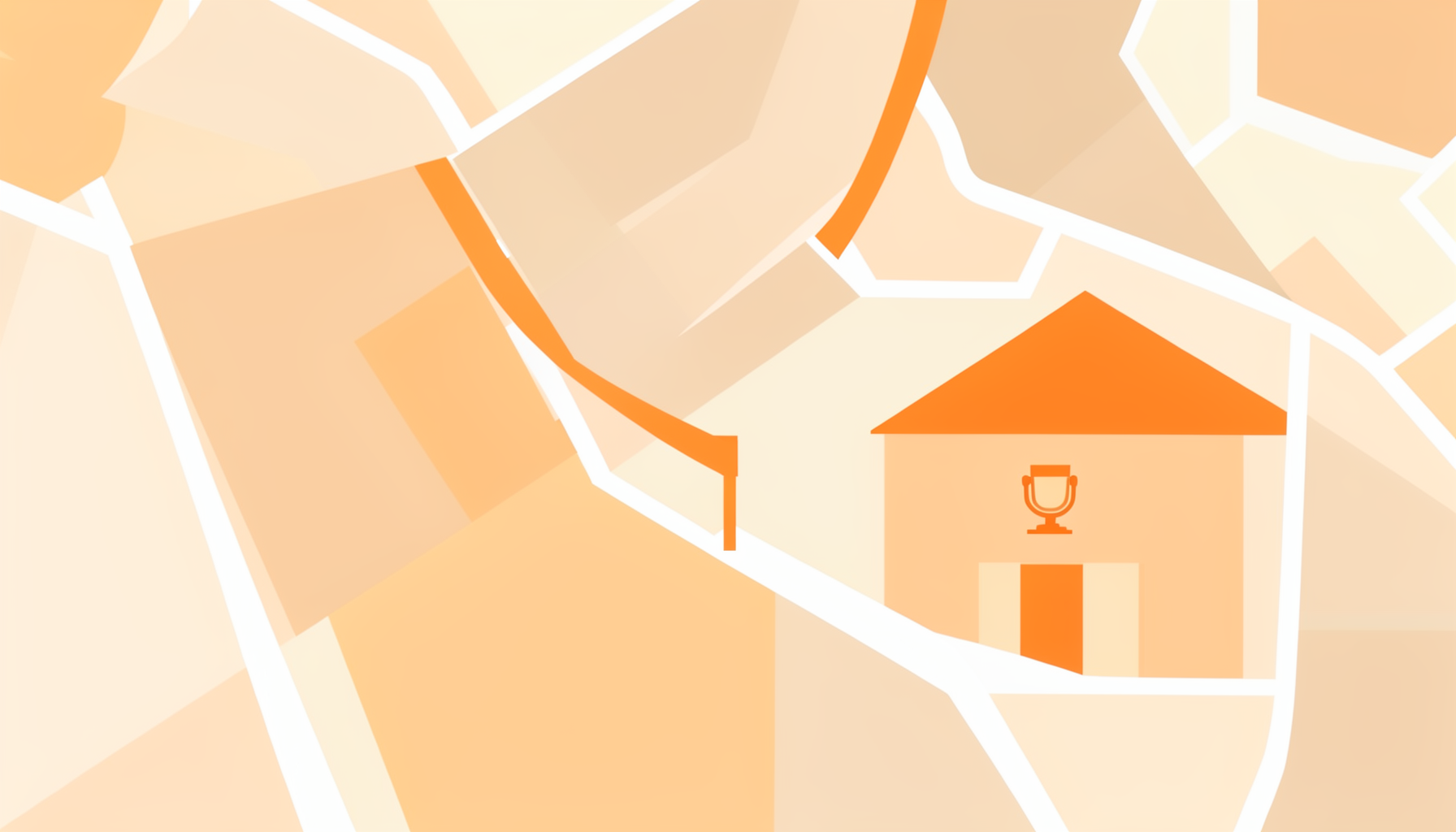 A flat vector illustration of a neighborhood map with soft warm beige and muted orange tones, showing a walking route from a train station exit to a building marked with a small studio icon